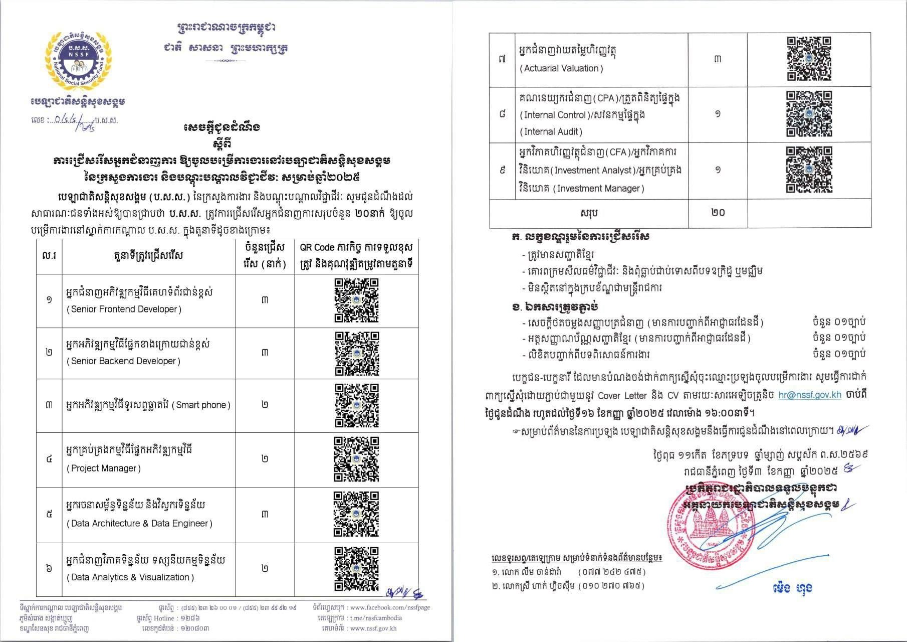 ក្រសួងការងារប្រកាសជ្រើសរើសអ្នកជំនាញការឲ្យចូលបម្រើការងារនៅ ប.ស.ស. ចំនួន ២០រូប